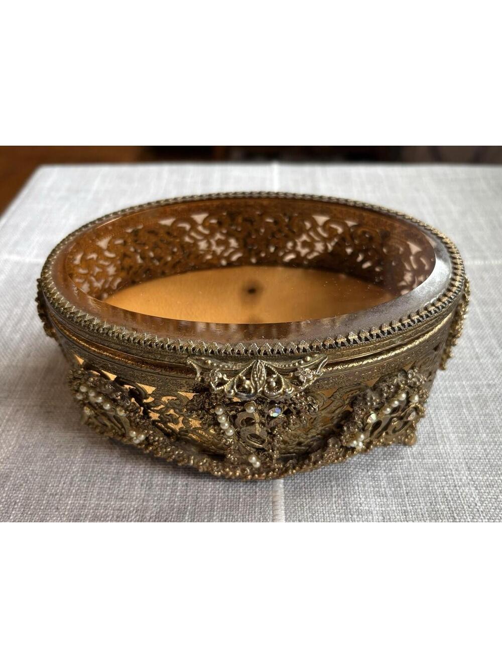 Vintage Gold Tone Filigree Jewelry Casket Trinket Box Oval Amber Lid